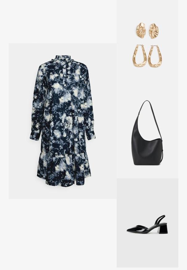 b.young BYIMINO DRESS - Vestido de dia - total eclipse mix; Sandy em verniz preto com salto slingback, ponta afilada e salto geométrico. Apresenta um design elegante e minimalista com textura suave.; Saco hobo preto em pele com uma textura lisa, forma curva e uma única alça ajustável; apresenta uma abertura larga na parte de cima.; Brincos em tom de ouro com formas onduladas e texturizadas. Inclui studs escultóricos com presilha e um design de argola aberta com um acabamento martelado.