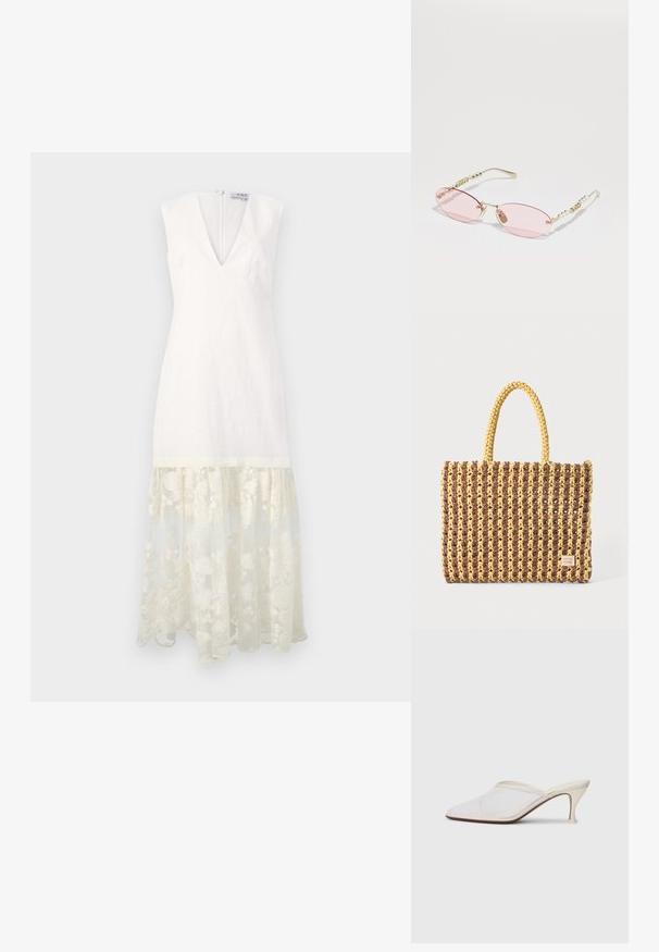 Rochie din in alb cu decolteu în V, mâneci scurte și un tiv din dantelă brodată transparentă. Are un închidere cu fermoar la spate. Formă elegantă, bine structurată.; Mule alb cu plasă, cu vârf ascuțit, toc subțire de înălțime medie și design slip-on, pe un fundal simplu.; Gucci Ochelari de soare - gold-coloured/pink; Geantă țesută în nuanțe de maro și galben, cu o formă rectangulară, două bretele de mână și un finisaj texturat cu cusături vizibile și un etichetă de marcă.