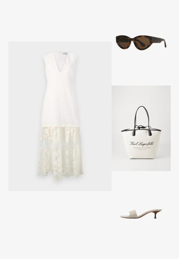 Bijela lanena haljina s V-izrezom, kratkim rukavima i prozirnim vezom čipkastim obrubljenjem. Ima zatvaranje na zip sprijeda. Elegantnog, strukturiranog kroja.; Sandal bez pete s bež gornjom tkaninom od pletenog materijala, otvorenom petom i zakrivljenim drvenim srednjim džonom. Dizajn se odlikuje glatkom teksturom i minimalističkim oblikom.; Mačkaste sunčane naočale u obliku mačjih očiju s smešnim lećama, imaju glatke, sjajne plastične okvire i elegantan dizajn. Nema vidljivih logotipa ili akcenta.; Platnena torba u krem boji s crnim kožnim detaljima, koja ima zatvaranje na vezicu i ispisani logotip. Glatka tekstura i strukturirani oblik.