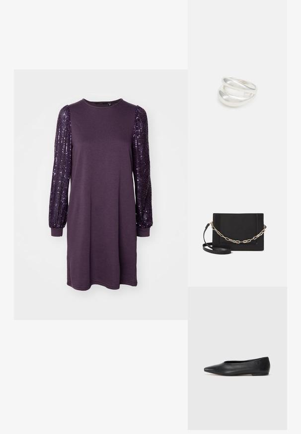 Lilla kleit pika varrukaga; varrukad on kaunistatud sädeleva, hägusa materjaliga. Valmistatud pehmest materjalist, ümmargune kaelus ja lõtv soe sobivus.; Musthave mustris balletkingad, terav nina, minimaliseeritud disain, sile pind, madal konts, ilma nähtava riistvara või kaunistusteta.; Mustast nahast õlakott, mis omab siledat tekstuuri, ristküliku kuju ning esiküljel metallketi detaili. Reguleeritav rihm on kaasas.; Hõbedane kahekordne rõngas sujuva, poleeritud pinnaga. Omab voolavat, kõverat disaini, millel on kattuvad sektsioonid, et saavutada kaasaegne ilme.