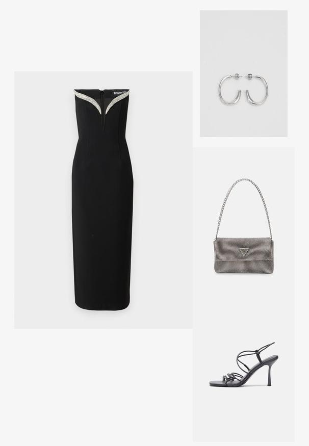 Mustvalgeline must kleit, millel on kohandatud vorm, V-kujulise kaelusega, kaunistatud hõbedaste detailidega ja varjatud seljaäpiga.; Mustad musta värvi kontsandaalid on varustatud peente rihmadega, millel on sõlmekujundus, siledad ruudukujulised varbad ja stiilne stilettokonts.; Helehall metallik handbags, millel on kett, kaunistatud väikeste ümmarguste metallist õmblustega ja kolmnurkse brändi logoga.; Hõbedast rõngaskõrvarõngad sileda ja läikiva pinnaga, kõveriku kujuga ning postitaksega sulgur. Minimalistlik disain kaasaegse viimistlusega.