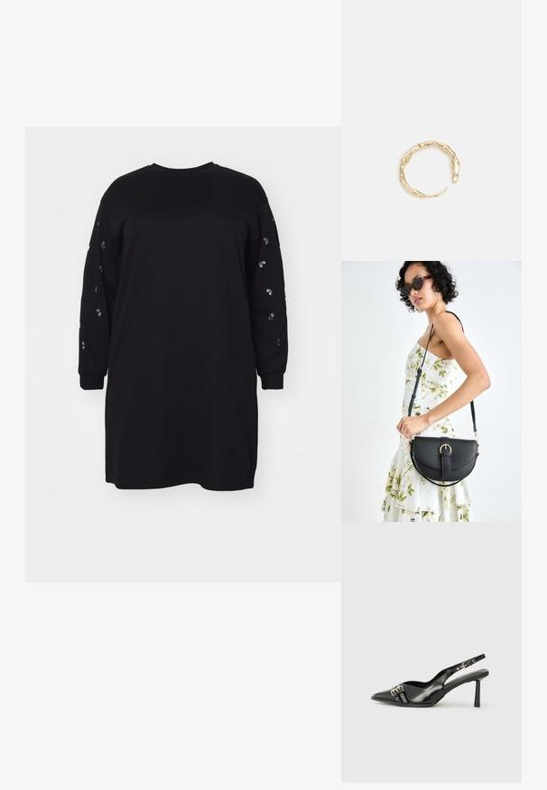 Vero Moda Curve VMCDORA ONECK SHORT DRESS - Freizeitkleid - black; Schwarzer Lackleder Slingback-Schuh mit spitzem Zehenbereich, Knöchelriemen mit silbernen Schnallen und Beschlägen sowie einem schlanken Absatz.; Schwarze Lederhandtasche mit geschwungener Form, abnehmbarem Tragegurt und goldenen Beschlägen. Die Tasche verfügt über einen Deckel mit einer Schnallen-Details.; Goldfarbener Ring mit einem organischen, gedrehten Design, glatter Oberfläche und sich verjüngenden Enden, was ein modernes, skulpturales Erscheinungsbild erzeugt.