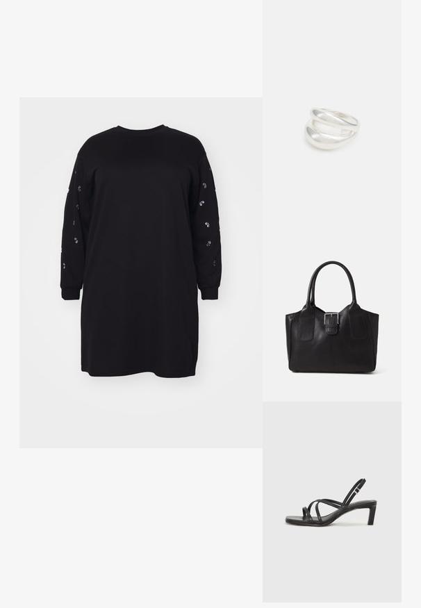 Vero Moda Curve VMCDORA ONECK SHORT DRESS - Freizeitkleid - black; Schwarze Sandale mit Riemchen, quadratischer Zehenform und niedrigem Blockabsatz. Verfügt über mehrere dünne Riemen und einen verstellbaren Knöchelriemen. Hergestellt aus glattem Leder.; Schwarze Leder-Tote mit glatter Textur, strukturiertem Design, zwei Griffen und einem auffälligen silbernen Schnallen-Detail auf der Vorderseite.; Silberner Doppelring mit einer glatten, polierten Oberfläche. Verfügt über ein fließendes, kurviges Design mit überlappenden Abschnitten für einen modernen Look.