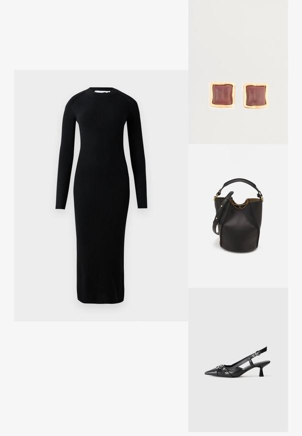 Dlouhá černá šifónová šaty s dlouhými rukávy, kulatým výstřihem a přiléhavým střihem, vyrobená z texturované látky. Žádné viditelné vzory ani akcenty.; Černé kožené slingback boty s špičatou špičkou, dekorativními pásky s kovovými očky a nízkým blokovým podpatkem. Texturovaný povrch.; Černá kožená kabelka ve tvaru vědra s texturovaným povrchem, zlatými kovovými akcenty a otevřeným vrchem. Obsahuje krátkou rukojeť a nastavitelný ramenní popruh.; Čtvercové náušnice s hlubokým burgundským středem a texturovaným zlatým rámem. Hladký povrch s zaoblenými hranami.