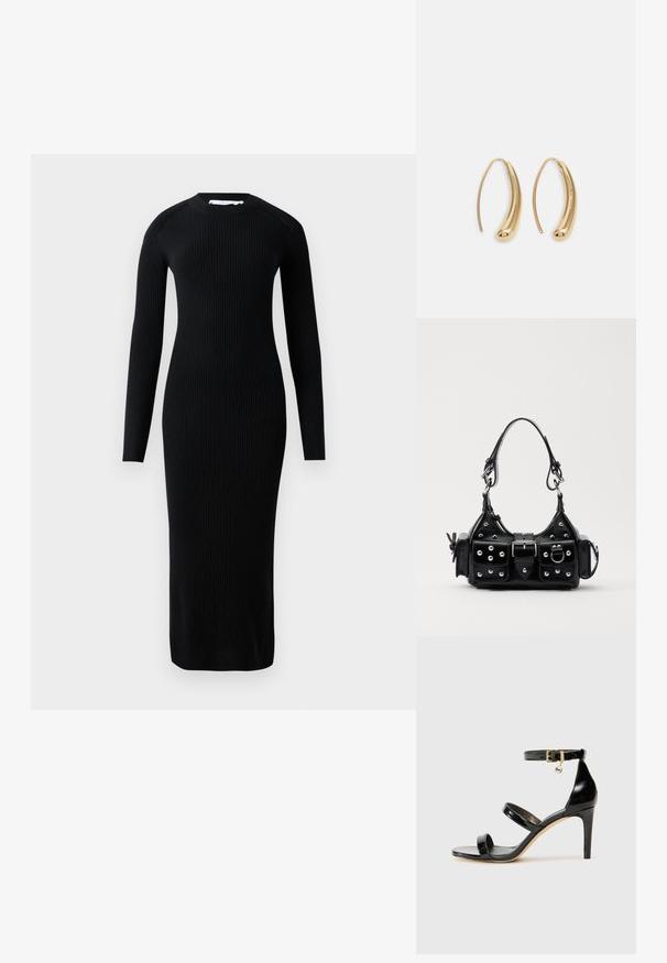 Pitkä musta poimuinen mekko, jossa on pitkät hihat, pyöreä pääntie ja istuva siluetti, valmistettu tekstuurilla varustetusta kankaasta. Ei näkyviä kuvioita tai yksityiskohtia.; Musta patentoitu nahkasandaali, jossa on kolme hihnaa, nilkkasolki ja 4 tuuman stiletto-korko. Varustettu kultaisilla yksityiskohdilla ja logokoristeella.; Musta nahkainen käsilaukku, jossa on kaareva muotoilu, hopeiset niitit, solki ja kaksi sivutaskua. Säädettävä olkahihna erilaisiin kantovaihtoehtoihin.; Korvakorut kultasävytteistä metallista, joissa on kaareva, pitkänomainen muoto. Ominaisuuksiin kuuluu sileä, kiiltävä pinta ja pyöreä kärki lisäyksinä.