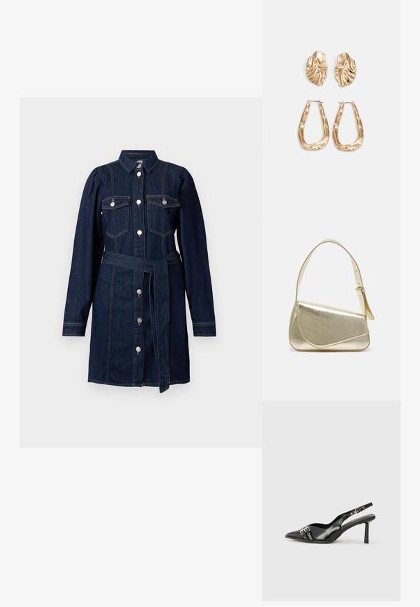 Τζιν φόρεμα σε σκούρο μπλε με γιακά πουκαμίσου, μακριά μανίκια, πλαϊνές τσέπες, κουμπιά μπροστά και ζώνη από το ίδιο ύφασμα στη μέση.; Μαύρο παπούτσι slingback από πατέντο δέρμα με μυτερή μύτη, λουράκια στον αστράγαλο που διαθέτουν ασημένιες αγκράφες και μεταλλικά στοιχεία, και λεπτό τακούνι.; Χρυσή μεταλλική τσάντα χειρός με δομημένο σχέδιο, λεία υφή και ρυθμιζόμενο λουρί. Διαθέτει μοναδικό τριγωνικό σχήμα και μινιμαλιστική ραφή.; Χρυσά σκουλαρίκια με υφή, κυματιστά σχήματα. Περιλαμβάνουν γλυπτικά κλιπ-σε σκουλαρίκια και σχέδιο ανοιχτού σκουλαρικιού με σφυρήλατη επιφάνεια.