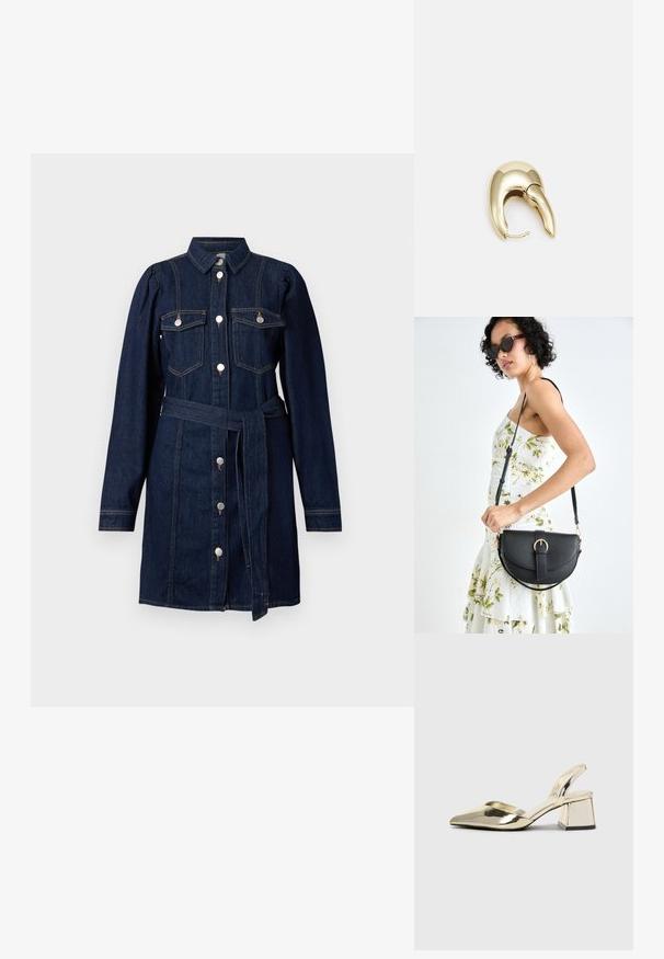 Denimkjole i mørkeblå med skjortekrage, lange ermer, pocketlapper, frontknapper og et matchende stoffsbelte i livet.; Gull, metallisk slingback-hæler med spiss tå og chunky hæl. Glatt tekstur, minimalistisk design og en smal stropp.; Svart lærveske med en buet form, avtagbar stropp og gullbeslag. Vesken har et klaff med spenne-detall.; Gullfarget metalløredobber med et elegant, buet design. Har en karakteristisk spiss form, polert overflate og hengsel-lukking.