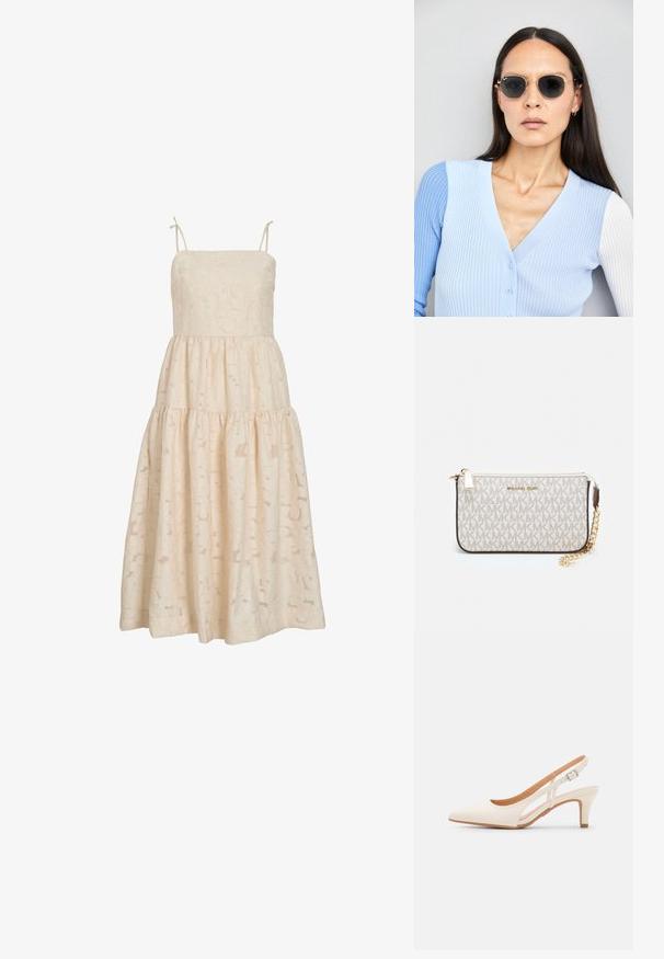 Αμάνικτο κρεμ φόρεμα midi από δαντέλα με λεπτές τιράντες, στρωματοποιημένη φούστα και διακριτικό floral σχέδιο.; Λευκή γόβα slingback με μυτερή μύτη, λείο υλικό επάνω, χαμηλό τετράγωνο τακούνι και σχέδιο με κοπή στο πλάι με ρυθμιζόμενο λουρί κουμπώματος.; Στρογγυλά γυαλιά ηλίου με σκούρους φακούς και χρυσά σκελετό. Το μοντέλο φοράει ένα ανοιχτό μπλε, ριχτό cardigan με κουμπιά και αντίθετους λευκούς μανίκες.; Πορτοφόλι Michael Kors σε μπεζ επεξεργασμένο καμβά με επαναλαμβανόμενο μοτίβο λογοτύπου MK, χρυσές λεπτομέρειες και αποσπώμενη αλυσίδα.