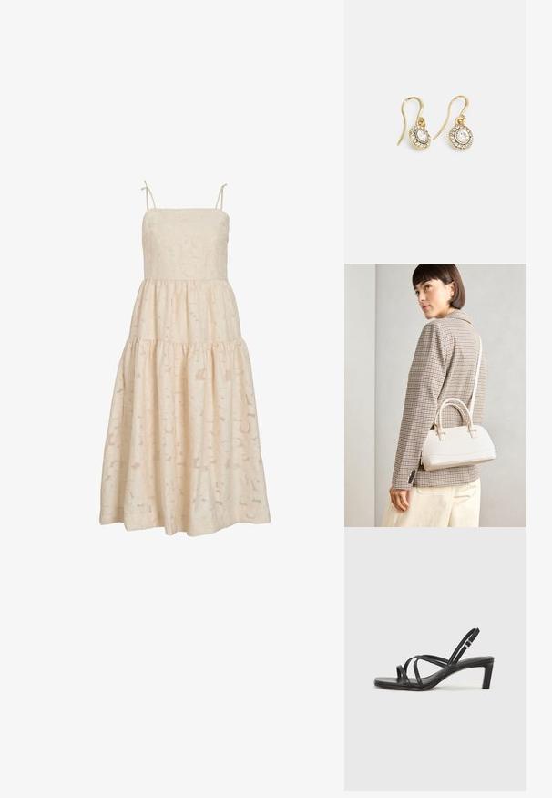 Bezrukávové krémové čipkované midi šaty s tenkými ramienkami, stupňovanou sukňou a jemným kvetinovým vzorom.; Čierne sandále na vysokom podpätku so štvorcovou špičkou a nízkym blokovým podpätkom. Obsahujú viacero tenkých popruhov a nastaviteľný členkový popruh. Vyrobené z hladkej kože.; Biela štruktúrovaná kabelka s krátkymi rúčkami a ramenným popruhom, s zlatými kovovými prvkami a textúrovaným materiálom, vystavená na šedom pozadí.; Náušnice zlatého odtieňa s oválnymi čírymi kryštáli obklopenými menšími čírými kameňmi, s háčikovým dizajnom pre bezpečné nosenie.
