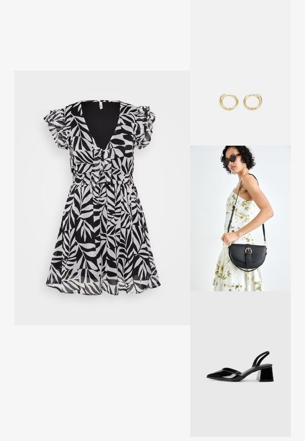 Černobílé šaty s motivem listů, krátké volánové rukávy, hluboký výstřih do V a přiléhavý pas, vyrobené z lehkého materiálu.; Černé lakované kožené lodičky na pásku s špičatou špičkou a geometrickým blokovým podpatkem. Vyznačují se elegantním, minimalistickým designem a hladkým povrchem.; Černá kožená kabelka s křivkovým tvarem, odnímatelným popruhem a zlatými detaily. Kabelka má klopu s přezkou.; Zlaté kruhové náušnice s hladkým, zaobleným designem. Obsahují malou závěsovou sponu, lehký vzhled a lesklý povrch.