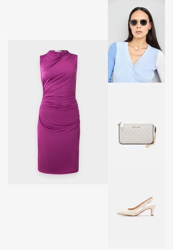 Hihaton, violetti mekko, jossa on kokoontunutta kangasta toisella sivulla, joka ilmentää sileää pintaa ja polvipituista leikkausta.; Valkoinen slingback-korkokenkä, jossa on terävä kärki, sileä päällismateriaali, matala lohkokorko ja sivuaukko-design säädettävällä soljella.; Pyöreät aurinkolasit, joissa on tummat linssit ja kultaiset kehykset. Mallilla on päällään vaaleansininen, ribatusta materiaalista valmistettu neuletakki, jossa on napit ja kontrastiväriset valkoiset hihat.; Michael Kors kääröbeige pinnoitettua kangasta, jossa on toistuva MK-logo -kuvio, kultaiset yksityiskohdat ja irrotettava ketjuhihna.