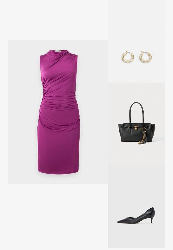 Vestido roxo sem mangas com detalhes de tecido franzido de um lado, apresentando uma textura suave e corte até ao joelho.; Sapato de salto alto preto em pele com bico fino e salto baixo. Apresenta uma textura suave e brilho subtil. Corte aberto na parte da frente para um detalhe adicional.; Bolsa de pele preta com alças duplas, fecho dourado e detalhe em corrente, além de um acessório de tassel preto e branco, contra um fundo branco.; Lauren Ralph Lauren BASIC SMALL HOOP - Brincos - gold-coloured