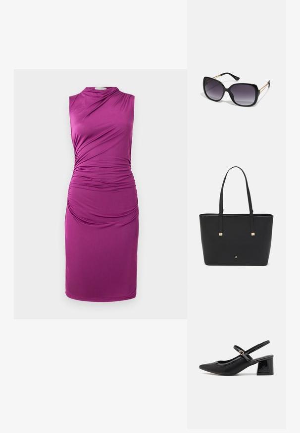 Beigubris, purpurinis suknelė be rankovių, su susiraukšlėta medžiaga vienoje pusėje, turinti lygų paviršių ir iki kelių ilgio.; Juodi patentinio odos slingback aukštakulniai su smailiu pirštu, apvaliu išpjovimu ir blokiniu kulnu. Papuošti auksiniu juostos akcentu.; Juodos didelės saulės akinių su pereinamais objektyvais, storomis rėmeliais ir auksinės spalvos grandinėmis ant šventyklų.; Juodas sintetinio pluošto rankinis krepšys, turintis paprastą stačiakampį dizainą, auksines kvadratines detales ir dvi rankenas.