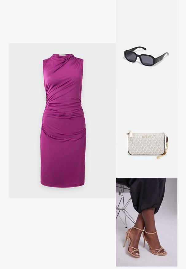 Bezrukávové fialové šaty s zhromaždeným textilným detailom na jednej strane, s hladkou textúrou a dĺžkou po kolená.; Béžové sandále na opätku s kryštálovými ozdobami, s otvorenou špičkou, tenkými popruhmi a elegantným siluetou.; Čierne slnečné okuliare s osemhranným rámom, tmavými šošovkami, lesklým plastovým materiálom a strieborným logom na jednej strane.; Michael Kors zápästná taška v béžovej potiahnutej plátenej tkanine s opakujúcim sa vzorom loga MK, zlatým kovania a odnímateľným reťazovým popruhom.; Zlaté kovové náušnice s vlnitým dizajnom; hladký, reflexný povrch; asymetrický tvar; žiadne viditeľné vzory alebo hardvér.