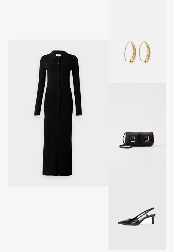 Black ribbed long-sleeve dress with a collared neckline, featuring a full button front and a fitted silhouette.; Black patent slingback heel with a pointed toe, featuring textured snake print, adjustable strap, and a short, textured block heel.; Black leather crossbody bag with two front pockets, gold buckles, zipper closure, and a slim strap. Textured surface and compact rectangular shape.; Gold-tone metal hoop earrings with a curved, elongated shape. Features a smooth, shiny surface and a rounded tip for added detail.