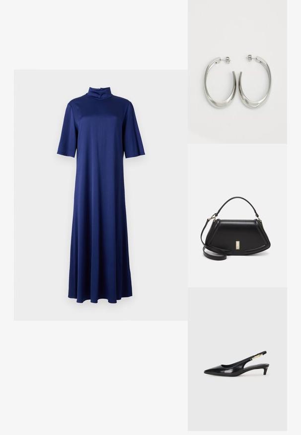 Marineblå midi-kjole med høy mock-neck, korte ermer og en flytende A-linje silhuett, laget av et glatt, elastisk stoff.; Sorte lærreim hæler med spiss tå, som har en slank hæl og en gullfarget detalj på den justerbare stroppen. Glatt tekstur.; Sort lærveske med en strukturert design, som har en avkortet form, topphåndtak og detaljer i gull. Justerbar skulderstropp inkludert.; Sølvøreringer med en jevn, buet design. Har en blank metallisk finish og en studlås. Ingen synlige mønstre eller aksenter.
