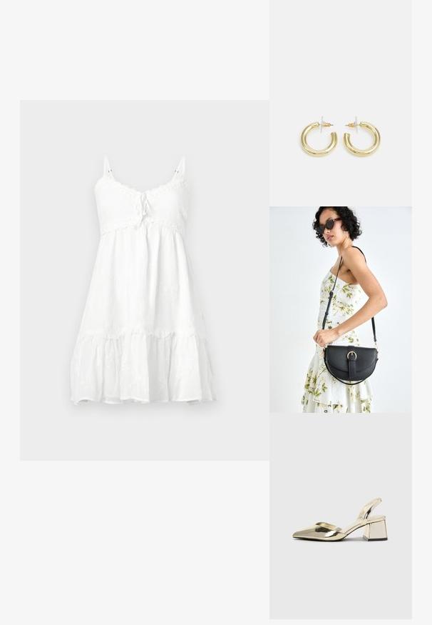 Balta be rankovių suknelė su nėriniu apdaila, rišimo detalė krūtinėje, daugiapakopė skeltuko apdaila ir gėlių raštas lengvame audinyje.; Auksiniai, metaliniai slingback aukštakulniai bateliai su smailiu pirštu ir masyviu kulnu. Lygus paviršius, minimalizmo dizainas ir siaura juostelė.; Juodas odinis krepšys su išlenkta forma, nuimamu dirželiu ir auksiniais detalėmis. Krepšys turi kilpą su sagtimi.; Aukso auskarai su lygiu, blizgiu paviršiumi. Apvalus dizainas su maža užrakto dalimi ir skaidria atrama saugiam nešiojimui.