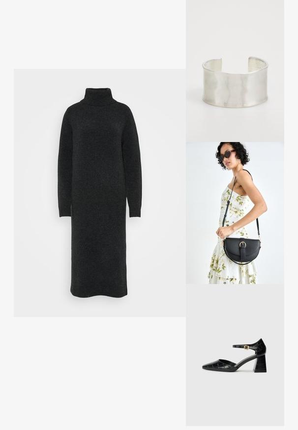 Črna turtleneck obleka iz teksturirane pletenine. Dolgi rokavi in ravna silhueta z rebrastimi manšetami na zapestjih.; Črne patentne usnjene čevlje s visokimi petami, s koničastim nosom, trakcem okrog gležnja in teksturiranim kroko vzorcem. Oblikovanje kvadratne blokaste pete.; Črna usnjena torbica s ukrivljeno obliko, z odstranljivo naramnico in zlatimi dodatki. Torbica ima pokrov s podrobnostmi v obliki zaponke.; Zign Zapestnica - silver-coloured
