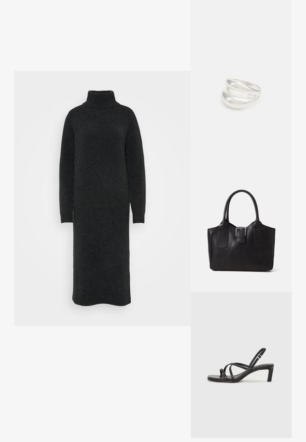 Črna turtleneck obleka iz teksturirane pletenine. Dolgi rokavi in ravna silhueta z rebrastimi manšetami na zapestjih.; Črne natikače s trakovi in kvadratnim prstom ter nizkim blokastim peto. Imajo več tankih trakov in nastavljiv trak okoli gležnja. Narejene so iz gladkega usnja.; Črna usnjena torba s gladko teksturo, strukturirano obliko, dvema ročkama in izrazitim srebrnim sponko na sprednji strani.; Srebrn dvojni prstan z gladko, polirano površino. Ima tekoč, ukrivljen dizajn z prekrivajočimi se sekcijami za sodoben videz.