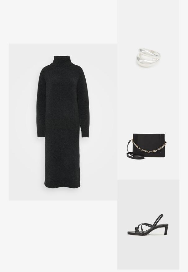 Mustast kõrge kaelusega kleidist, mis on valmistatud tekstuurist kootud materjalist. Pikad varrukad ja sirge siluett, mille randmete juures on soonilised põlved.; Mustast rihmajalatsid ruudukujulise varba ja madala ploki kontsaga. Omab mitmeid õhukesi rihmasid ja reguleeritavat pahkluu rihma. Valmistatud siledast nahast.; Mustast nahast õlakott, mis omab siledat tekstuuri, ristküliku kuju ning esiküljel metallketi detaili. Reguleeritav rihm on kaasas.; Hõbedane kahekordne rõngas sujuva, poleeritud pinnaga. Omab voolavat, kõverat disaini, millel on kattuvad sektsioonid, et saavutada kaasaegne ilme.