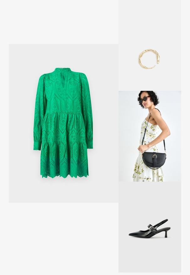 Žalia broderie anglaise suknelė su ilgomis rankovėmis, sulankstyta apatine dalimi ir rakto skylutės iškarpa. Suknelė puošniai dekoruota sudėtingais iškirpimais ir banguotais kraštais.; Juodai lakuoti slingback aukštakulniai su smailiu kojų pirštu ir mažais blokiniais kulniukais, su sidabro sagtimi ant dirželio.; Juodas odinis krepšys su išlenkta forma, nuimamu dirželiu ir auksiniais detalėmis. Krepšys turi kilpą su sagtimi.; Auksinės spalvos žiedas, turintis organišką, sukimosi dizainą su lygiu paviršiumi ir siaurėjančiais galais, sukuriantis modernią skulptūrinę išvaizdą.