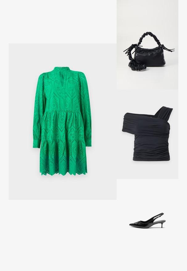 Zelena broderija anglaise obleka z dolgimi rokavi, nabranim robom in dekoltejem v obliki ključavnice. Ponuja zapletene izrezane vzorce in valovite robove.; Črna majica brez naramnic, izdelana iz mehkega in raztegljivega materiala, z nabranimi detajli in širokim trakastim dizajnom na eni strani.; Črne usnjene slingback pete z izostrenim nosom, majhno mačje peto in okrasno vozličasto podrobnostjo na sprednjem delu. Gladka tekstura po celotni površini.; Črna torbica iz umetnega usnja s krokodilovo teksturo, z zvitim vrhom in zmečkano naramico. Zdi se mehka in kompaktna v oblikovanju.