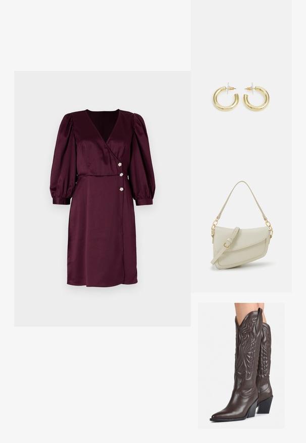 Burgundska obleka s povojem iz satena z globokim V-izrezom, napihnjenimi rokavi in tremi cvetnimi gumbi v pasu. Gladka tekstura, do kolen.; Rjave usnjene kavbojske čevlje z ostrim nosom in blok peto, ki vsebujejo podrobno šivanje in dvignjene dodatke na zgornjem delu.; Mala kremna torbica z teksturiranim zaključkom, dolgim nastavljivim trakom, verižnim poudarkom in zapiranjem na poklop. Detajli iz zlatega kovinskega materiala.; Zlate uhane v obliki obročkov z gladko, sijočo površino. Krožna zasnova s majhnim nosilcem in prozornim podplatom za varno nošenje.