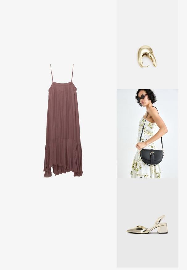 Lila ärmlös klänning med spaghetti-band, rynkad byst och volang i asymmetrisk nederkant. Tillverkad av lätt, mjukt tyg.; Guld, metalliska slingback-klackar med spetsig tå och chunky klack. Slät textur, minimalistisk design och en smal rem.; Svart läderhandväska med en böjd form, avtagbar rem och guldiga detaljer. Väskan har ett lock med en spänndetalj.; Örhänge i guldtonad metall med en elegant, böjd design. Har en distinkt spetsig form, polerad yta och gångjärnslås.