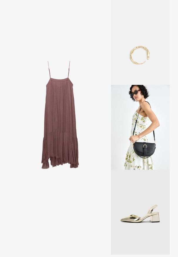 Mekko ilman hihoja vaaleanliilalla värillä, jossa on spagettiolkaimet, laskostettu rintakuva ja röyhelöinen epäsymmetrinen helma. Valmistettu kevyestä ja pehmeästä kankaasta.; Kultaiset, metalliset slingback-kengät, joissa on teräväkärkiset ja paksut korot. Sileä pinta, minimalistinen muotoilu ja kapea hihna.; Musta nahkainen käsilaukku, joka on kaareva muotoilultaan, irrotettavalla hihnalla ja kultaisilla yksityiskohdilla. Laukussa on läppä, jossa on solk yksityiskohta.; Kultaketju, jossa on orgaaninen, kierretty muotoilu, sileä pinta ja cappatut päät, luoden modernin, veistoksellisen ilmeen.