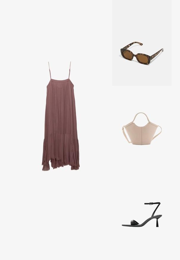 Abito senza maniche color malva con spalline sottili, corpetto arricciato e orlo asimmetrico con volant. Realizzato in tessuto leggero e morbido.; Bershka Sandali con tacco - black; Occhiali da sole in tartaruga con una montatura rotonda e voluminosa e lenti marroni. Presentano delicati motivi e bracci dritti e affusolati.; Borsa in pelle beige con una forma unica, caratterizzata da due manici corti e una lunga tracolla regolabile. Texture liscia con hardware minimale.