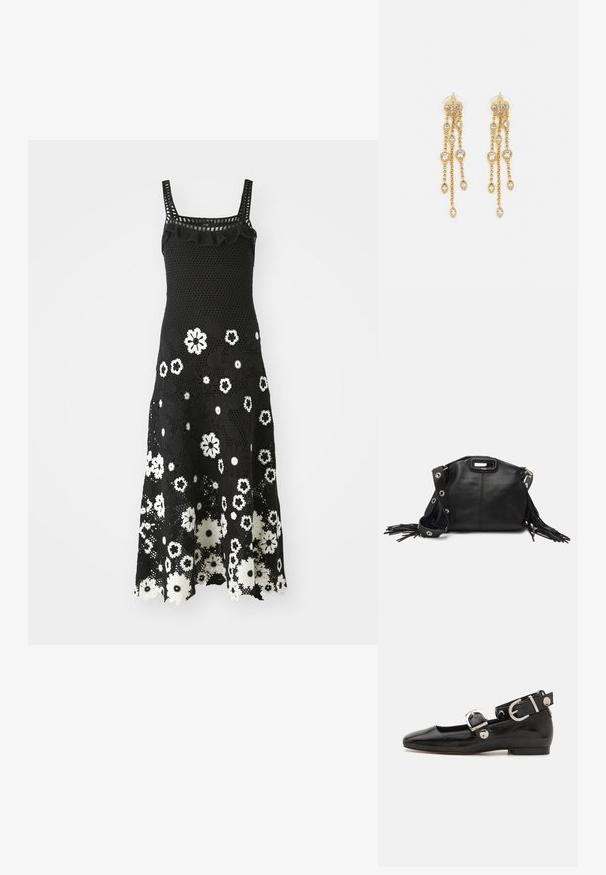 Rochie croșetată neagră cu decolteu pătrat, accente volanate și model floral alb. Fustă evazată și textură de dantelă complexă.; Pantofii plano din piele patent neagră, cu vârful pătrat, curea de gleznă cu accesorii din argint și talpă plată. Textură netedă cu un design minimalist.; Maje MISS MINI - Geantă crossbody - noir; Cercei aurii cu multiple lanțuri suspendate, având accente din rhinestone ovale clare și capete decorative cu tighel.