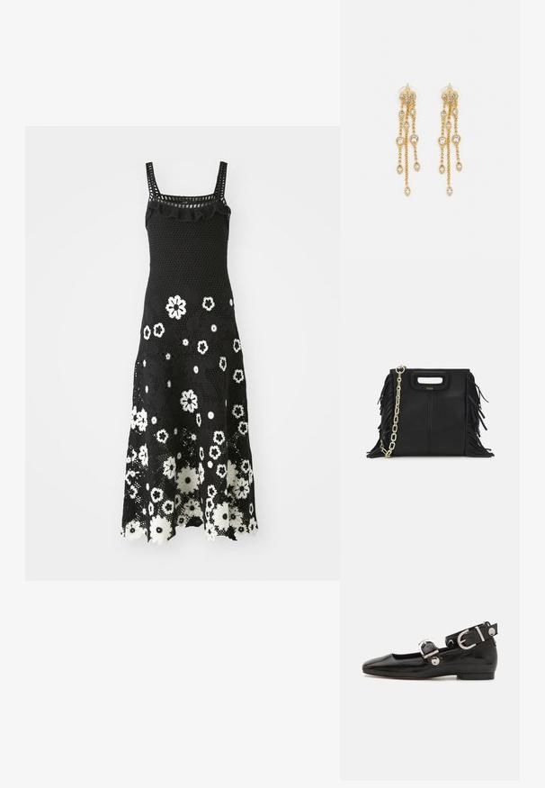 Mustvalgest heegeldatud kleidist, millel on ruudukujuline kaelus, ruffled aktsendid ja valge lillemuster. Laiendatud äär ja keeruline pitsimuster.; Must musta nahkkinga lamead kontsad, ruudukujulise varbaga, pahkluu rihmaga, mis sisaldab hõbedast taakleid, ning lame tald. Siledat pinda ja minimalistlikku disaini.; Musta nahk käekott, millel on frantsiisid, kuldne ahelsanga ja lõigatud käepide. Esiosas on logot.; Kuldne tooni kõrvarõngad mitme voolava ahelaga, millel on selged ovaalsed rhinestone aktsendid ja dekoratiivsed stud-tippud.