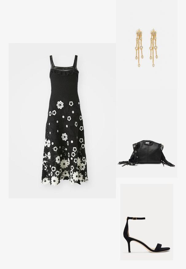 Fekete horgolt ruha négyzet alakú dekoltázzsal, fodros részletekkel és fehér virágmintával. Szélesített szegő és bonyolult csipkés textúra.; Lauren Ralph Lauren ALLIE MID HEEL SUEDE SANDAL - Szandálok - black; Maje MISS MINI - Keresztpántos táska - noir; Aranyszínű fülbevalók, több zuhanó lánccal, tiszta ovális strasszköves díszítéssel és dekoratív fülbevaló tetejével.