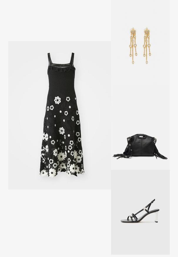 Robe en crochet noire avec un décolleté carré, des accents volants et un motif floral blanc. Ourlet évasé et texture en dentelle complexe.; Sandales à talons noirs avec plusieurs fines lanières, un design slingback et un accent argenté sur le talon. Matière supérieure lisse et talon carré.; Maje MISS MINI - Sac bandoulière - noir; Boucles d'oreilles en ton or avec plusieurs chaînes en cascade, présentant des accents en strass ovales transparents et des dessus à clous décoratifs.