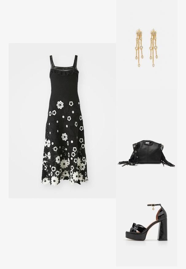 Czarna sukienka na szydełku z kwadratowym dekoltem, falbankami i białym wzorem kwiatowym. Rozkloszowany dół i skomplikowana faktura koronki.; Maje - Sandały na obcasie; Maje - Torba na ramię; Złote kolczyki z wieloma kaskadowymi łańcuszkami, z przezroczystymi owalnymi akcentami z rhinestone'ów oraz ozdobnymi sztyftami.
