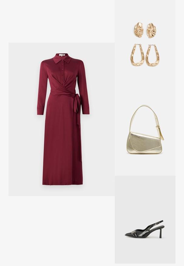 Vestido envolvente burgundy com colarinho, mangas longas, fecho de botões à frente e detalhe de laço na cintura. Tecido suave com uma silhueta lisonjeira.; Sapato slingback preto em pele patentada com bico apontado, tiras no tornozelo apresentando fivelas e acessórios prateados, e um salto elegante.; Bolsa de mão metálica dourada com um design estruturado, textura suave e alça ajustável. Apresenta uma forma triangular única e costura minimalista.; Brincos em tom de ouro com formas onduladas e texturizadas. Inclui studs escultóricos com presilha e um design de argola aberta com um acabamento martelado.
