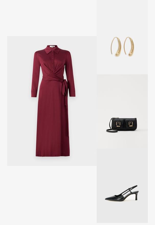 Burgundijas krāsas apkakles kleita ar garām piedurknēm, pogu aizdari priekšpusē un jostu viduklī. Gluda auduma ar pievilcīgu siluetu.; Melna patent āda ar slīdošo papēdi un smailo purngalu, ar teksturētu čūsku drukājumu, regulējamu siksniņu un īsu teksturētu blokpapēdi.; Melnas ādas crossbody soma ar divām priekšējām kabatām, zelta sprādzēm, ar rāvējslēdzēju aizdari un šauru siksnu. Strukturēta virsma un kompakta taisnstūra forma.; Zelta toņu metāla gredzena auskari ar izliektu, pagarinātu formu. Ar gludu, spīdīgu virsma un noapaļotu galu papildu detaļām.