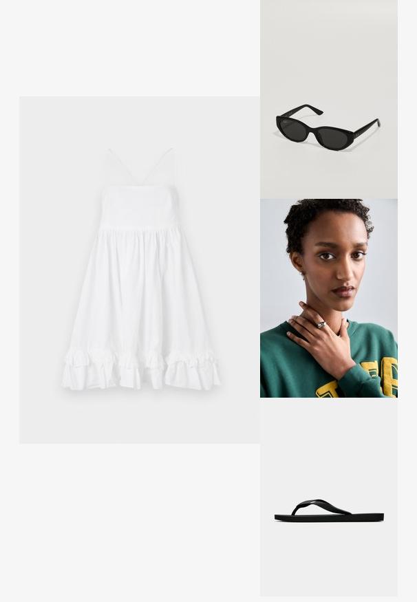 Vestido blanco sin mangas con un corsé ajustado, falda acampanada y dobladillo con volantes. Hecho de una tela ligera, presenta tirantes finos y un escote en V.; Chancla de goma negra con una tira de dedo texturizada y una suela plana sencilla, vista de lado sobre un fondo claro y liso.; Gafas de sol negras con una forma de ojo de gato estrecha. Hechas de plástico suave, con lentes oscuros y sutiles acentos de logo en las patillas.; Anillo de plata con un diseño suave y curvado que presenta un acento en forma de estrella. Modelo que lleva un sudadera verde con letras amarillas, con las manos cerca del cuello.
