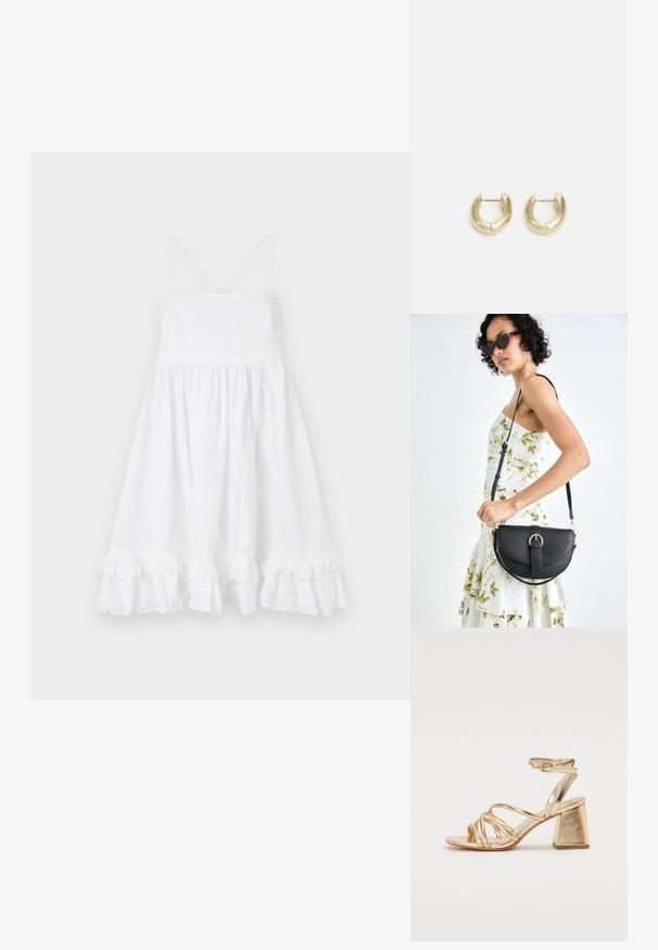 Valge ilma varruka ja istuva kerega kleit, kergelt laieneva seeliku ja volangiga äärega. Valmistatud kergest kangast, omab õrna rihmad ja V-kaelust.; Kuldne metallik kontsandaalid, millel on rihmadega disain, ruudukujuline plokkkonts ja reguleeritav pahkluu rihm klambriga. Sile tekstuur.; Mustmust mustraha kõverate joontega, eemaldatava rihmaga ja kuldsete detailidega. Kotil on klapp, millel on pandladetail.; Kuldkattega rõngaskõrvarõngad sujuva, poleeritud viimistlusega. Omavad poolringikujulist vormi ja turvalist postikinnitust.