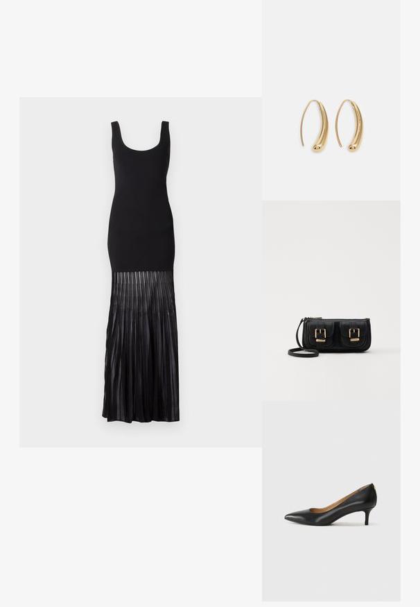 Svart maxikjole med et tettsittende topp og plisserte gjennomsiktige detaljer i kanten, med rund hals og ermeløs design.; Sorte lærpumpe med spiss tå, lav hæl og en glatt tekstur. Har en liten åpning foran og minimalt med beslag bak.; Svart skinn crossbody veske med to frontlommer, gyldne spenner, glidelåslukking og en slank stropp. Teksturert overflate og kompakt rektangulær form.; Gullfargede metalløredobber med en buet, forlenget form. Har en jevn, blank overflate og en avrundet tupp for ekstra detaljer.