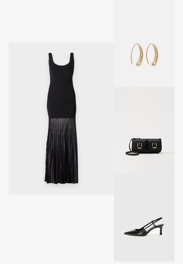 Robe maxi noire avec un haut ajusté et un tissu transparent plissé à l'ourlet, présentant un décolleté arrondi et un design sans manches.; Escarpin slingback en vernis noir avec un bout pointu, présentant un imprimé serpent texturé, une sangle réglable et un petit talon bloc texturé.; Sac en cuir noir porté en travers avec deux poches avant, boucles dorées, fermeture zippée et une sangle fine. Surface texturée et forme rectangulaire compacte.; Boucles d'oreilles en métal doré en forme d'anneau, avec une forme courbée et allongée. Elles présentent une surface lisse et brillante avec une pointe arrondie pour un détail supplémentaire.