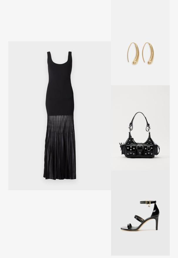 Schwarzes Maxikleid mit figurnahem Oberteil und gefälteltem, durchsichtigem Stoff am Saum, mit weitem Ausschnitt und ärmellosem Design.; Schwarze Lackleder-Sandale mit drei Riemen, Knöchelriemen und 10 cm hohen Stiletto-Absatz. Verfügt über goldfarbene Hardware-Details und ein Logo-Charm.; Schwarze Lederhandtasche mit einem geschwungenen Design, verziert mit silbernen Nieten, einer Schnalle und zwei seitlichen Taschen. Verstellbarer Träger für verschiedene Tragemöglichkeiten.; Goldfarbene Metall-Hoops mit einer geschwungenen, länglichen Form. Sie verfügen über eine glatte, glänzende Oberfläche und eine abgerundete Spitze für zusätzliche Details.