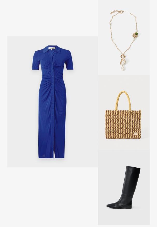 Modra srajčna obleka s kratkimi rokavi, ki vsebuje gubano detajliranje, ovratnik in razpoko na dnu, izdelana iz gladkega materiala.; Črne usnjene škornje do kolen z ostro špico in minimalističnim dizajnom. Gladka tekstura in ravna podplat, z diskretnimi stranskimi šivi.; Tkanina torba v rjavi in rumeni barvi, ki ima pravokotno obliko, dve ročaji in teksturirano površino z vidnimi šivi ter oznako blagovne znamke.; Zlatotona ogrlica s uvrnutim karikama, bijelim biserima i zelenim kamenim akcentom. Sadrži složene detalje i kopču za zatvaranje.