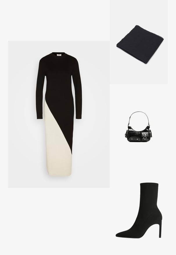 Schwarz- und cremefarbendes Strickkleid mit langen Ärmeln, einer gerippten Textur und einem diagonalen Farbblockdesign von der Taille bis zum Saum.; Schwarzer Knöchelstiefel aus weichem Wildleder, mit einer spitzen Zehe und hohen Stiletto-Absätzen. Minimalistisches Design ohne sichtbare Beschläge oder Muster.; Schwarz rechteckiger Schal aus weichem Material, mit einem schlichten Design, leicht fransigen Kanten und einer glatten Textur.; Schwarze Lackleder-Handtasche mit geschwungenem Design, einem Schulterriemen, Vordertaschen und silberfarbenen Hardware-Akzenten.; Goldfarbene mehrschichtige Halskette mit zwei Ketten, eine mit kleinen Perlen und einem runden Anhänger. Mit strukturierten Gliedern und verstellbarem Verschluss.