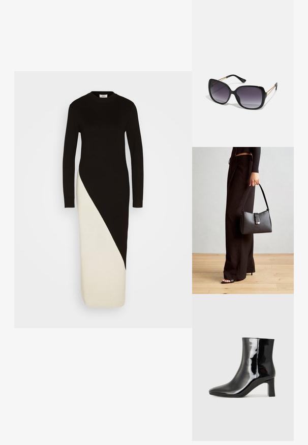 Svart og kremfarget strikket kjole med lange ermer, ribbet tekstur og en diagonalt farget design fra midjen til hemline.; Sorte patentlær ankle boot med spiss tå og en mellomhøy blokkhelt. Glatt tekstur og minimalistisk design.; Sorte oversized solbriller med gradient linser, tykke rammer og detaljering med gulltonekjede på tempelarmene.; Svart håndveske med strukturert form, jevn tekstur og metallisk lås. Kombinert med brede svarte bukser og sandaler med åpen tå på tregulv.
