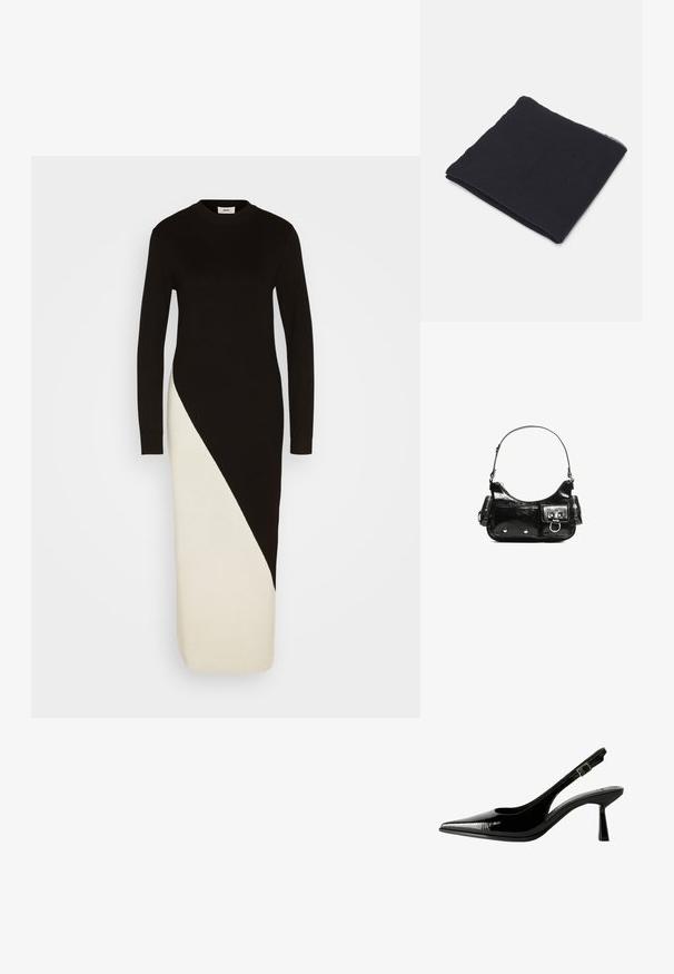 Schwarz- und cremefarbendes Strickkleid mit langen Ärmeln, einer gerippten Textur und einem diagonalen Farbblockdesign von der Taille bis zum Saum.; Schwarze Lackleder Slingback-Pumps mit spitzem Zeh, ausgeschnittenen Seiten, verstellbarem Knöchelriemen und einem dünnen, eleganten Absatz.; Schwarz rechteckiger Schal aus weichem Material, mit einem schlichten Design, leicht fransigen Kanten und einer glatten Textur.; Schwarze Lackleder-Handtasche mit geschwungenem Design, einem Schulterriemen, Vordertaschen und silberfarbenen Hardware-Akzenten.; Goldfarbene mehrschichtige Halskette mit zwei Ketten, eine mit kleinen Perlen und einem runden Anhänger. Mit strukturierten Gliedern und verstellbarem Verschluss.