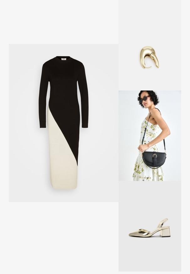 Abito a maglia nero e crema con maniche lunghe, texture a costine e un design a blocchi di colore diagonali dalla vita all'orlo.; Tacchi slingback metallici color oro con punta appuntita e tacco grosso. Texture liscia, design minimalista e una cinghia stretta.; Borsa a tracolla nera in pelle con una forma curva, manico rimovibile e accessori dorati. La borsa presenta una patta con un dettaglio a fibbia.; Orecchino in metallo color oro con un design elegante e curvo. Presenta una forma appuntita distintiva, superficie lucida e chiusura a cerniera.
