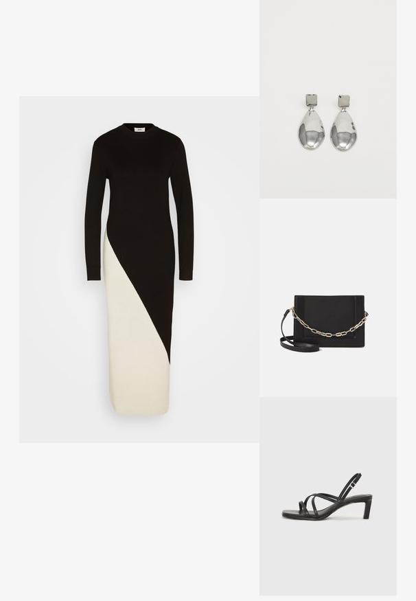 Robe en tricot noir et crème avec des manches longues, une texture côtelée et un design de blocs de couleur diagonal allant de la taille à l'ourlet.; Sandale noire à lanières avec un bout carré et un petit talon bloc. Elle présente plusieurs fines lanières et une sangle de cheville ajustable. Fabriquée en cuir lisse.; Sac bandoulière en cuir noir avec une texture lisse, de forme rectangulaire et un détail en chaîne métallique à l'avant. Sangle réglable incluse.; Boucles d'oreilles en argent avec un clou carré, présentant une finition lisse et polie ainsi qu'une forme en goutte d'eau, réfléchissant la lumière grâce à une surface brillante.
