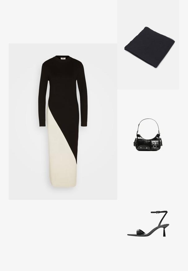 Abito a maglia nero e crema con maniche lunghe, texture a costine e un design a blocchi di colore diagonali dalla vita all'orlo.; Bershka Sandali con tacco - black; Sciarpa rettangolare nera in materiale morbido, con un design semplice che presenta bordi leggermente sfilacciati e una superficie liscia.; Borsa a spalla in vernice nera con forma curvata, una tracolla, tasche frontali e dettagli in metallo argentato.; Collana multi-strato in oro con due catene, una delle quali presenta piccole perle e un pendente rotondo. Include anelli testurizzati e chiusura regolabile.