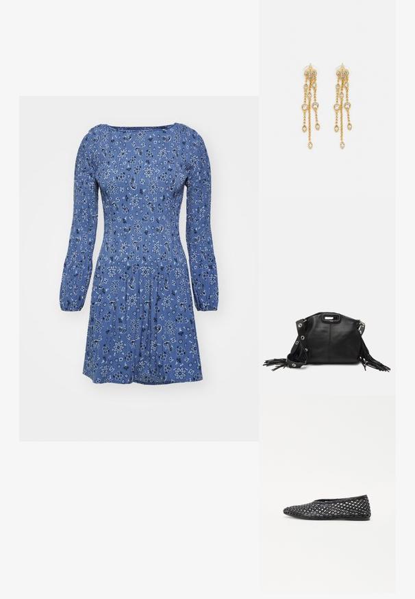 Zils ziedu kleita ar garām puffētām piedurknēm, ar pieguļošu korpusu un savilktu jostasvietu, izgatavota no viegla auduma ar teksturētu apdari.; Melnas austa slaidā kurpes ar režģa dizainu, platu zoli un gludu gumijas materiālu, nodrošinot gaisa caurlaidību un elastību.; Maje MISS MINI - Plecu soma - noir; Zelta tonī auskari ar vairākiem kaskādes ķēdēm, kas rotāti ar caurspīdīgiem ovāliem rhinestone akcentiem un dekoratīvām pīrsingiem.